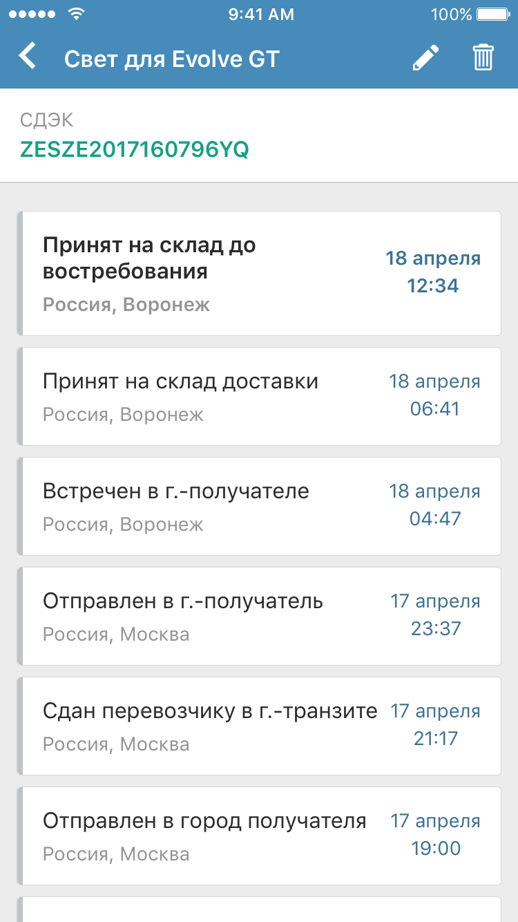 История передвижения посылки